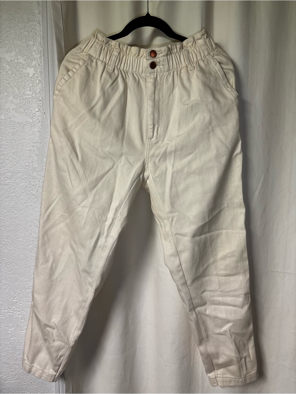 Women's Cream Elastic-Waist Jeans Overalls